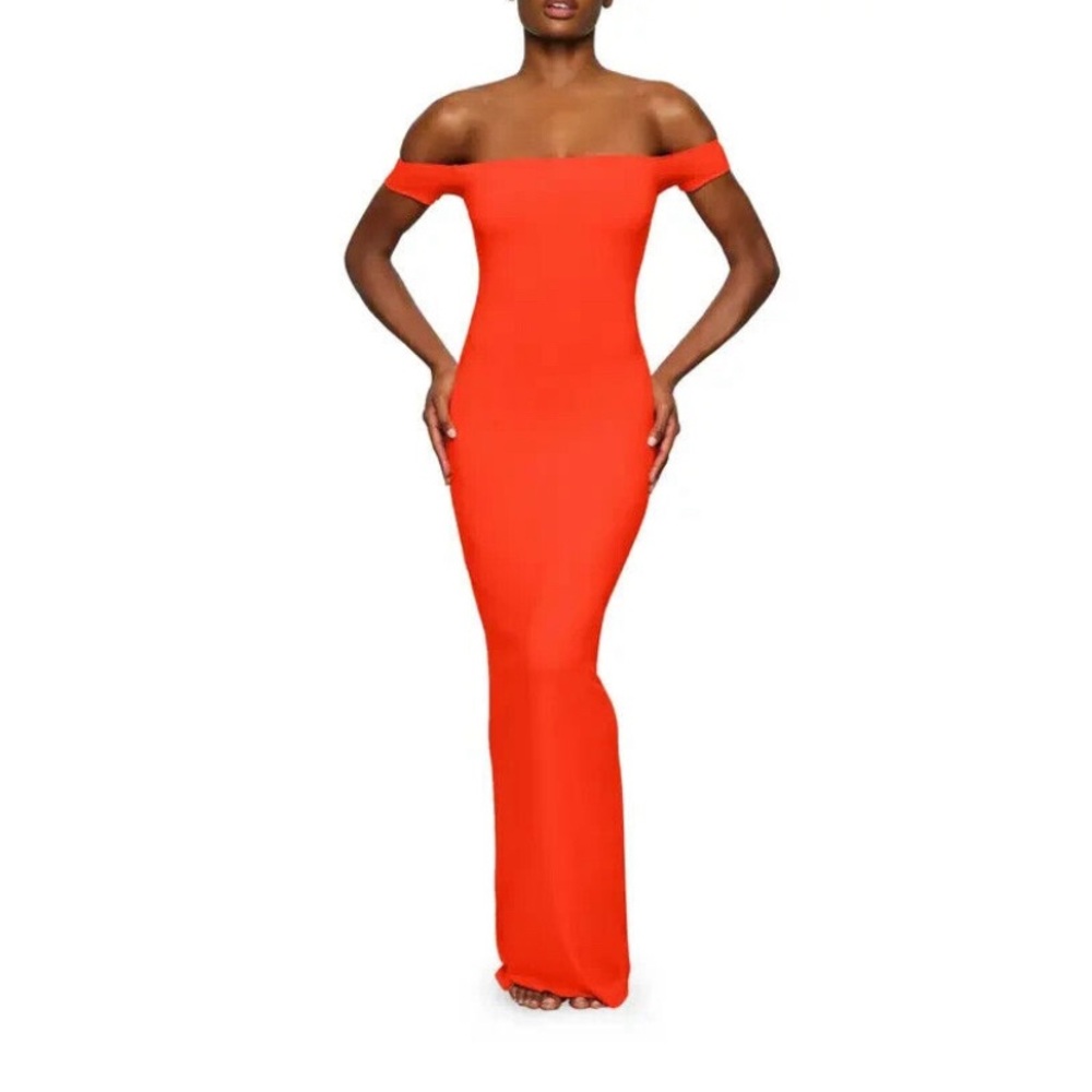 SKIMS Kim Soft Lounge Off The Shoulder Dress Fire S DR-MAX-2698 NWT Fire Orange